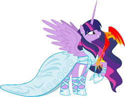 Size: 4491x3460 | Tagged: safe, artist:bigmk, philomena, twilight sparkle, twilight sparkle (alicorn), alicorn, phoenix, pony, absurd resolution, clothes, dress, duo, ethereal mane, female, high res, mare, older, raised hoof, simple background, transparent background, ultimate twilight, vector
