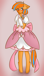 Size: 1000x1700 | Tagged: safe, artist:candlelight song, oc, oc only, oc:cold front, pegasus, pony, bipedal, blushing, bow, clothes, crossdressing, cute, dress, embarrassed, gloves, hairclip, heart, hoof polish, ribbon, solo
