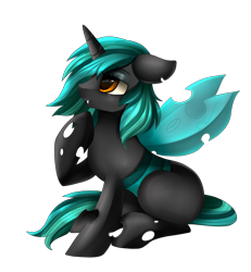 Size: 2855x3087 | Tagged: safe, artist:pridark, oc, oc only, oc:orange glow, changeling, changeling oc, commission, female, floppy ears, raised hoof, simple background, sitting, solo, thinking, transparent background