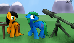 Size: 2252x1321 | Tagged: safe, artist:the-furry-railfan, oc, oc only, oc:interrobang, oc:twintails, earth pony, pegasus, pony, grass field, gun, map, nuclear weapon, recoilless rifle, table, this will end in balloons, this will end in explosions, weapon