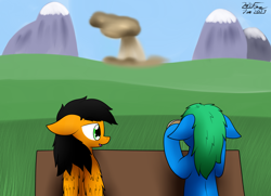 Size: 2484x1803 | Tagged: safe, artist:the-furry-railfan, oc, oc only, oc:interrobang, oc:twintails, earth pony, pegasus, pony, grass field, mushroom cloud, nuclear weapon, table, this will end in balloons, weapon