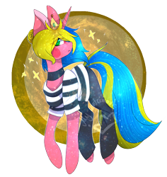 Size: 1665x1765 | Tagged: safe, artist:alithecat1989, oc, oc only, oc:flaion, pony, unicorn, clothes, crown, jewelry, pants, regalia, shirt, simple background, solo, striped shirt, transparent background