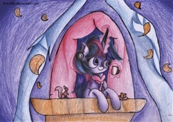 Size: 1156x816 | Tagged: safe, artist:emi-288, twilight sparkle, twilight sparkle (alicorn), alicorn, pony, squirrel, balcony, solo, traditional art