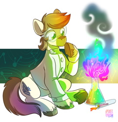 Size: 894x925 | Tagged: safe, artist:pixel-prism, oc, oc only, oc:calpain, chemistry, clothes, equestria daily, fire, goggles, lab coat, science, solo