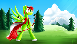 Size: 2553x1460 | Tagged: safe, artist:jphyperx, oc, oc only, oc:arrow archer, pegasus, pony, archery, arrow, bipedal, bow (weapon), bow and arrow, hoof hold, male, solo, stallion, weapon