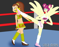 Size: 2408x1924 | Tagged: safe, artist:cyber-murph, majorette, equestria girls, friendship games, belly button, clothes, commission, crossover, exeron fighters, exeron gloves, fight, fighting stance, kicking, luan loud, midriff, ponied up, quality, shoes, skirt, skirt lift, socks, sports bra, sweeten kick, the loud house
