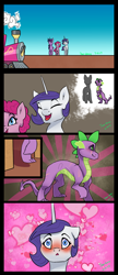 Size: 1024x2363 | Tagged: safe, artist:joan-grace, derpibooru import, pinkie pie, rarity, spike, twilight sparkle, twilight sparkle (alicorn), alicorn, dragon, earth pony, pony, unicorn, alternate hairstyle, blushing, comic, female, heart, male, older, older spike, scar, shipping, sparity, story included, straight, train