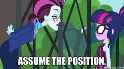 Size: 600x337 | Tagged: safe, edit, edited screencap, screencap, principal abacus cinch, sci-twi, twilight sparkle, equestria girls, friendship games, dirty cinch macros, ear piercing, earring, glasses, implied lesbian, implied molestation, jewelry, piercing