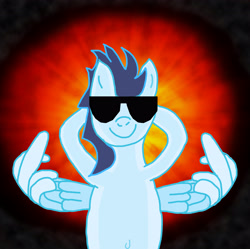 Size: 4056x4032 | Tagged: safe, artist:tacomytaco, soarin', pegasus, pony, absurd resolution, arm behind head, belly button, bipedal, explosion, male, middle feather, middle finger, solo, sunglasses, vulgar, wing hands, wings