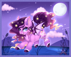 Size: 1600x1295 | Tagged: safe, artist:pvrii, oc, oc only, oc:luminary lust, bat pony, pony, cloud, moon, night, reed, reeds, solo, water