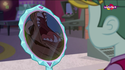 Size: 1920x1080 | Tagged: safe, edit, edited screencap, screencap, brim marco, equestria girls, mirror magic, spoiler:eqg specials, background human, beast, beauty and the beast, cap, hat, mirror, solo