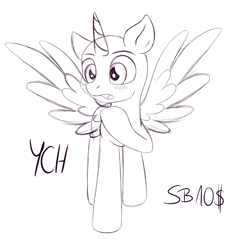 Size: 1513x1597 | Tagged: safe, artist:kamyk962, pegasus, pony, unicorn, advertisement, commission, female, horn, male, mare, spread wings, stallion, surprised, vector, wingboner, wings, your character here