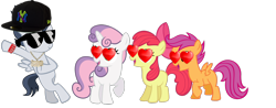 Size: 1876x739 | Tagged: safe, apple bloom, rumble, scootaloo, sweetie belle, pony, bipedal, bipedal leaning, cute, cutie mark crusaders, hat, heart eyes, leaning, male, new york yankees, rumbelle, rumble gets all the fillies, rumbloo, rumbloom, shipping, simple background, straight, sunglasses, swag, transparent background, wingding eyes