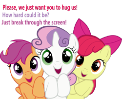 Size: 6711x5455 | Tagged: safe, artist:w1kk3d, apple bloom, scootaloo, sweetie belle, absurd resolution, bronybait, cutie mark crusaders, image macro, looking at you, meme, this will end in tears