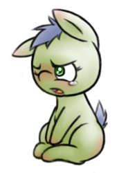 Size: 590x744 | Tagged: safe, artist:ryxingeir, oc, oc only, oc:scotch tape, fallout equestria, fallout equestria: project horizons, blushing, crying, female, filly, solo