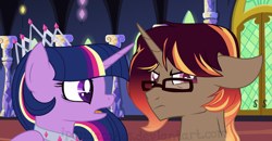 Size: 1024x534 | Tagged: safe, artist:ipandacakes, twilight sparkle, twilight sparkle (alicorn), oc, oc:bailiwick, alicorn, pony, unicorn, crown, female, jewelry, magical lesbian spawn, male, mother and child, mother and son, offspring, older, parent and child, parent:sunset shimmer, parent:twilight sparkle, parents:sunsetsparkle, regalia, stallion