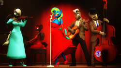 Size: 3840x2160 | Tagged: safe, artist:gbrushandpaint, oc, oc only, anthro, earth pony, pegasus, unicorn, 3d, acoustic bass, acoustic guitar, anthro oc, band, breasts, cleavage, clothes, dress, female, glasses, group, guitar, male, mare, microphone, musical instrument, piano, source filmmaker, stallion, violin