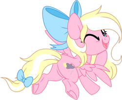 Size: 1024x845 | Tagged: safe, artist:kellythedrawinguni, oc, oc only, oc:bay breeze, pegasus, pony, bow, female, flying, hair bow, mare, one eye closed, simple background, solo, tail bow, transparent background, underhoof, wink