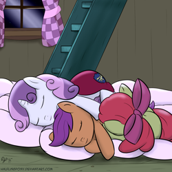 Size: 1800x1800 | Tagged: safe, artist:halflingpony, apple bloom, scootaloo, sweetie belle, pony, adorabloom, cape, clothes, cmc cape, cuddle puddle, cuddling, cute, cutealoo, cutie mark crusaders, diasweetes, pony pile, sleeping, snuggling