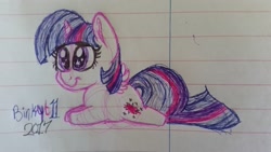 Size: 3264x1836 | Tagged: safe, artist:binkyt11, derpibooru exclusive, twilight sparkle, twilight sparkle (alicorn), alicorn, pony, chibi, female, lined paper, mare, prone, solo, traditional art, wingding eyes