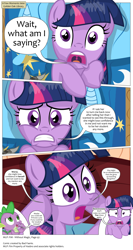 Size: 3300x6210 | Tagged: safe, artist:perfectblue97, spike, twilight sparkle, dragon, earth pony, pony, comic:without magic, absurd resolution, bed, blank flank, comic, earth pony twilight, golden oaks library, pillow