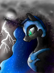 Size: 1470x1960 | Tagged: safe, artist:evaworld, nightmare moon, bust, lightning, portrait, solo