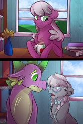 Size: 1200x1800 | Tagged: safe, artist:percy-mcmurphy, cheerilee, silver spoon, spike, dragon, earth pony, pony, adult, alternate hairstyle, book, comic, desk, female, glasses, jewelry, looking away, male, mare, mug, necklace, older, older silver spoon, older spike, pearl necklace, sad, shipping, silverspike, straight, table, trio, vase