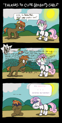 Size: 2264x4408 | Tagged: safe, artist:ultrathehedgetoaster, button mash, sweetie belle, sweetie bot, earth pony, pony, robot, robot pony, unicorn, :t, absurd resolution, blank flank, blushing, colored sclera, colt, comic, covering face, embarrassed, eyes closed, eyes on the prize, facehoof, female, filly, flailing, flirting, floppy ears, foal, frown, green sclera, heart eyes, hoofy-kicks, hooves, horn, imminent suicide, implied suicide, lidded eyes, lip bite, looking away, male, open mouth, raised hoof, scrunchy face, shipping, shipping denied, shocked, sitting, smiling, standing, straight, sun, sweetiemash, teeth, text, waving, wavy mouth, wingding eyes