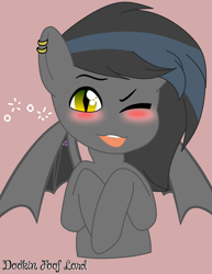 Size: 1545x2000 | Tagged: safe, artist:dookin, oc, oc only, bat pony, pony, bat pony oc, blushing, cute, drunk, ear piercing, earring, jewelry, looking at you, one eye closed, piercing, simple background, solo, tipsy, wink