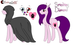 Size: 2082x1327 | Tagged: safe, artist:anxiouslilnerd, oc, oc only, oc:smokey diamond, pony, changeling ears, cloak, clothes, female, heterochromia, mare, reference sheet, simple background, solo, transparent background