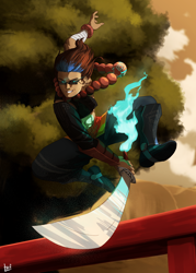 Size: 2000x2800 | Tagged: safe, artist:elzielai, oc, oc only, oc:playthrough, human, clothes, commission, fire, glaive, glasses, humanized, humanized oc, jumping, monk, rpg, smiling, solo, sword, tree, weapon