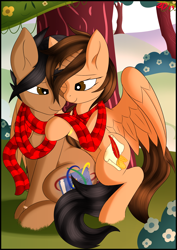 Size: 2894x4093 | Tagged: safe, artist:ze-dusty, oc, oc only, oc:aegis aurora, oc:harmony inkwell, pegasus, pony, unicorn, clothes, cute, cutie mark, harmogis, hug, hug from behind, looking at each other, married couple, ring, scarf, shipping, tree, wedding ring