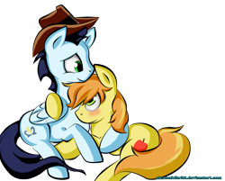 Size: 2977x2394 | Tagged: safe, artist:akatsukibritt, braeburn, soarin', pony, accessory swap, backwards cutie mark, blushing, cuddling, gay, hug, male, prone, shipping, simple background, smiling, snuggling, soarburn, transparent background