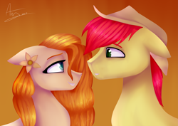 Size: 5905x4169 | Tagged: safe, artist:amyszek, artist:amyx33pl, bright mac, pear butter, pony, the perfect pear, absurd resolution, applejack's parents, brightbutter, cowboy hat, eye contact, female, floppy ears, gradient background, hat, husband and wife, looking at each other, male, mare, shipping, stallion, stetson, straight