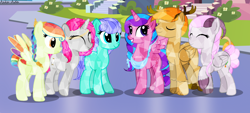 Size: 5266x2382 | Tagged: safe, artist:asika-aida, oc, oc only, oc:beryl (discoshy), oc:chaos control, oc:melody aurora, oc:pepper flake, oc:platinum royale, oc:sunlight dancer, alicorn, crystal pony, earth pony, hybrid, pegasus, pony, unicorn, absurd resolution, alicorn oc, chaody, crystallized, female, interspecies offspring, male, offspring, parent:cheese sandwich, parent:discord, parent:flash sentry, parent:fluttershy, parent:pinkie pie, parent:rainbow dash, parent:rarity, parent:soarin', parent:twilight sparkle, parents:canon x oc, parents:cheesepie, parents:discoshy, parents:flashlight, parents:soarindash, twins