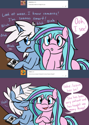 Size: 1280x1794 | Tagged: safe, artist:hummingway, oc, oc only, oc:cerulean mist, oc:swirly shells, pony, unicorn, ask-humming-way, camera, comic, dialogue, duo, female, mare, speech bubble, tumblr, tumblr comic