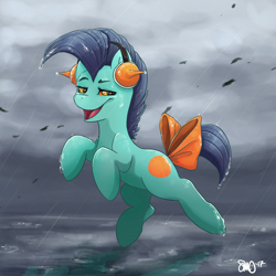 Size: 3000x3000 | Tagged: safe, artist:bean-sprouts, earth pony, pony, bow, crossover, headphones, leaf, looking at you, marshtomp, open mouth, pokémon, ponified, rain, raised eyebrow, ribbon, smiling, smirk, solo, tail bow, trollface, water, wet, wet mane, wind