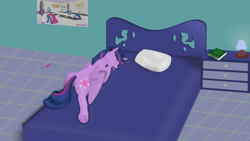 Size: 3840x2160 | Tagged: safe, artist:tiwake, twilight sparkle, twilight sparkle (alicorn), alicorn, pony, .svg available, 4k, bed, bedroom, book, detailed, dictionary, dresser, drool, eyes closed, feather, featureless crotch, female, high res, lamp, mare, open mouth, pillow, poster, prone, sleeping, solo, svg, tongue out, underhoof, vector
