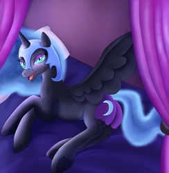 Size: 1251x1280 | Tagged: safe, artist:jimfoxx, nightmare moon, alicorn, pony, bed, looking at you, nightmare moonbutt, open mouth, plot, prone, solo, spread wings, wings