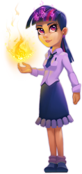 Size: 338x714 | Tagged: safe, artist:gor1ck, twilight sparkle, human, clothes, fire, horned humanization, humanized, magic, multiple horns, simple background, solo, transparent background