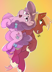 Size: 1024x1421 | Tagged: safe, artist:bow2yourwaifu, big macintosh, sugar belle, earth pony, pony, female, gradient background, jumping, love, male, mare, pounce, shipping, stallion, straight, sugarmac