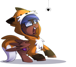 Size: 3000x2629 | Tagged: safe, artist:drawntildawn, oc, oc only, oc:odyssey flash, fox, pegasus, pony, spider, clothes, costume, glasses, open mouth, scared, simple background, solo, transparent background