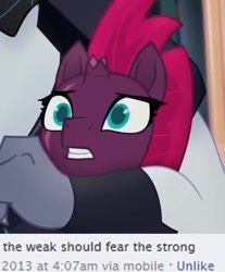 Size: 783x945 | Tagged: safe, edit, storm king, tempest shadow, my little pony: the movie, hug, meme, out of context, the weak should fear the strong