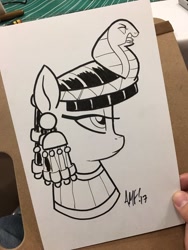 Size: 900x1200 | Tagged: safe, artist:tonyfleecs, queen cleopatrot, pony, black and white, bust, female, grayscale, jewelry, mare, monochrome, portrait, solo, traditional art