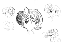 Size: 767x520 | Tagged: safe, artist:tjpones, edit, editor:dsp2003, oc, oc only, oc:brownie bun, earth pony, pony, horse wife, bust, chest fluff, duster, ear fluff, grayscale, monochrome, mouth hold, simple background, sketch, solo, white background