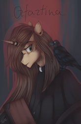 Size: 2193x3327 | Tagged: safe, artist:orfartina, oc, oc only, oc:orfartina, bird, crow, pony, unicorn, clothes, female, mare, solo