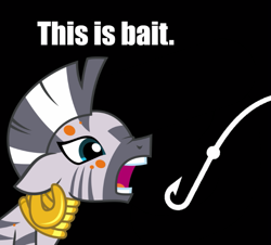 Size: 663x599 | Tagged: safe, artist:trini-mite, zecora, zebra, a health of information, bait, black background, female, reaction image, simple background, solo, swamp fever, this is bait