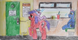 Size: 1944x1021 | Tagged: safe, artist:rapidsnap, oc, oc only, oc:caught short, oc:tree topper, oc:window gazer, pony, denied, desperation, need to pee, omorashi, out of order, potty dance, potty emergency, potty time, toilet, traditional art, train, trotting in place