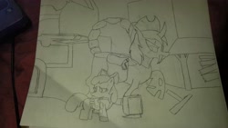 Size: 5312x2988 | Tagged: safe, apple bloom, oc, oc:nightshade, oc:the lone changeling, changeling, fallout equestria, absurd resolution, colorless, fimfiction, fimfiction.net link, scorpion changeling, traditional art, vault suit