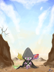 Size: 5400x7200 | Tagged: safe, artist:loreto-arts, spike, dragon, comic:friendship is innuendo, absurd resolution, badass, bloodstone scepter, broken horn, cloak, clothes, scenery, scepter, twilight scepter